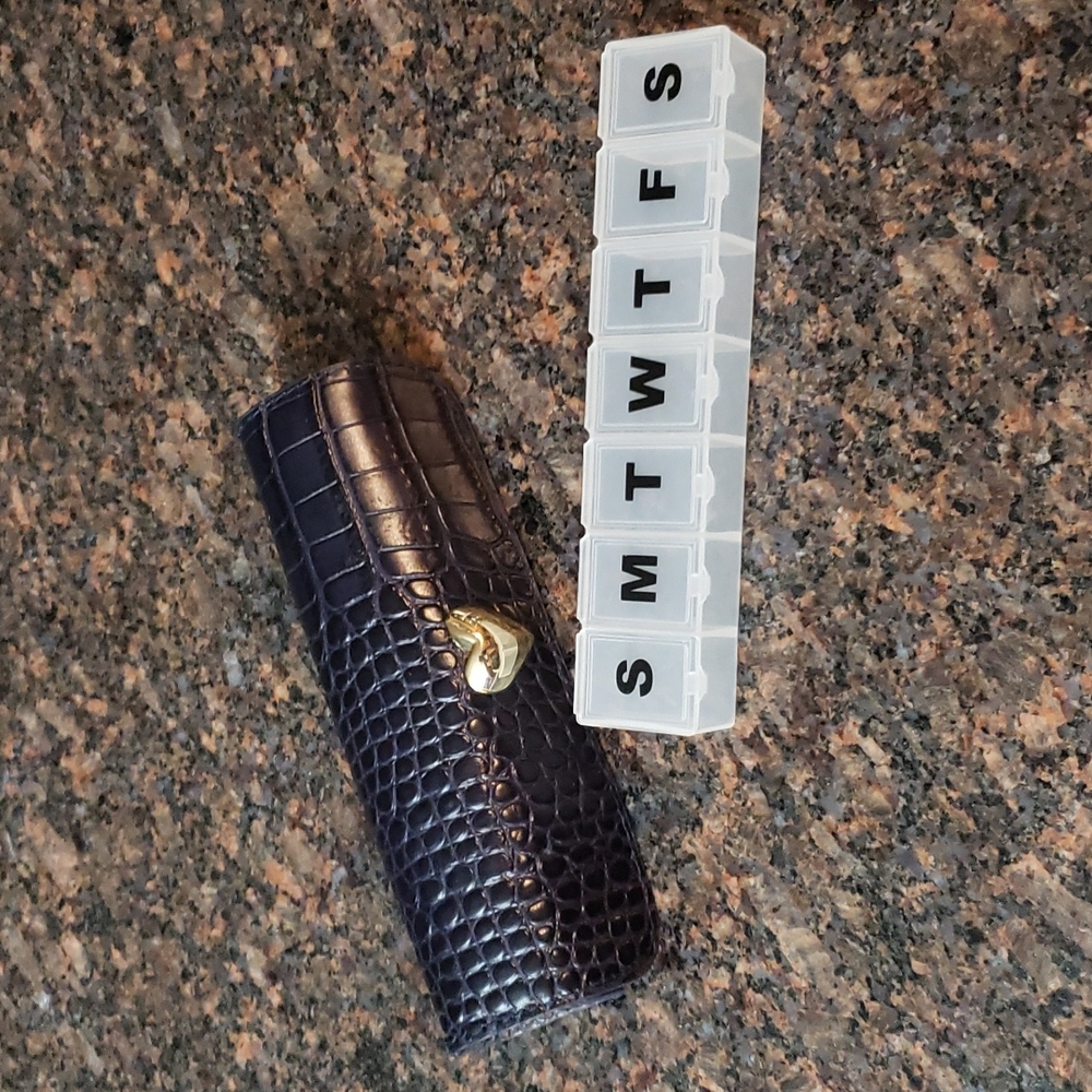 Talbots Genuine Black Leather 7-Day Pillbox with Heart Snap